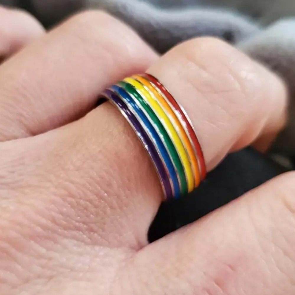 Unisex Rainbow Striped Band Ring Sz 6